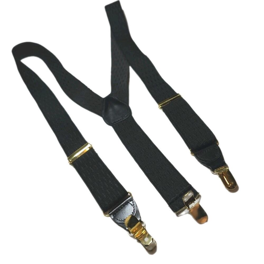 Gillmons Suspenders Black Adjustable Y Back w/Leather Gold Hardware 1.25" Wide